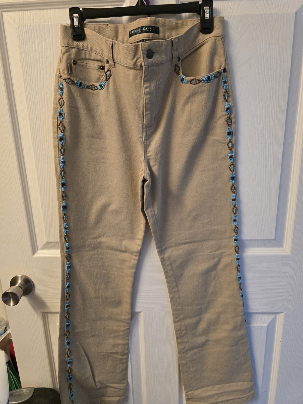 Ralph Lauren Beige Straight-Leg Jeans with Turquoise Embroidery